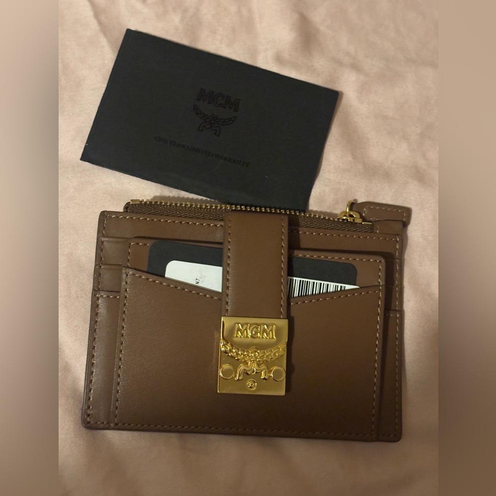MCM Brown Leather Card Holder with Gold Accents Patricia Zip Card Case Wallet